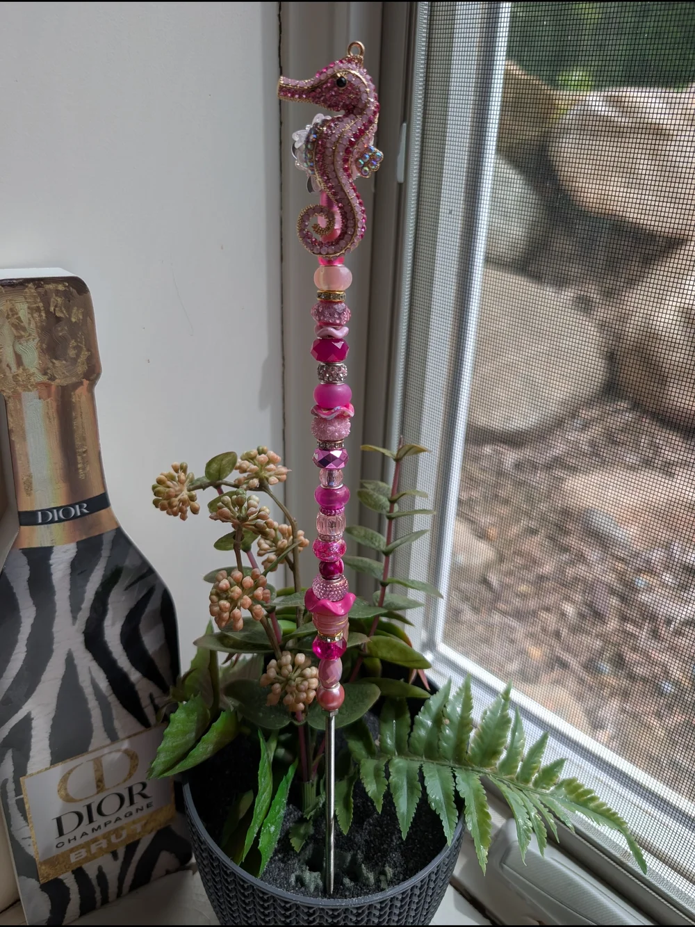 Hand Made Fairy Wand/Plant/Garden Stake W/Sparkly Pink Enamel Seahorse
